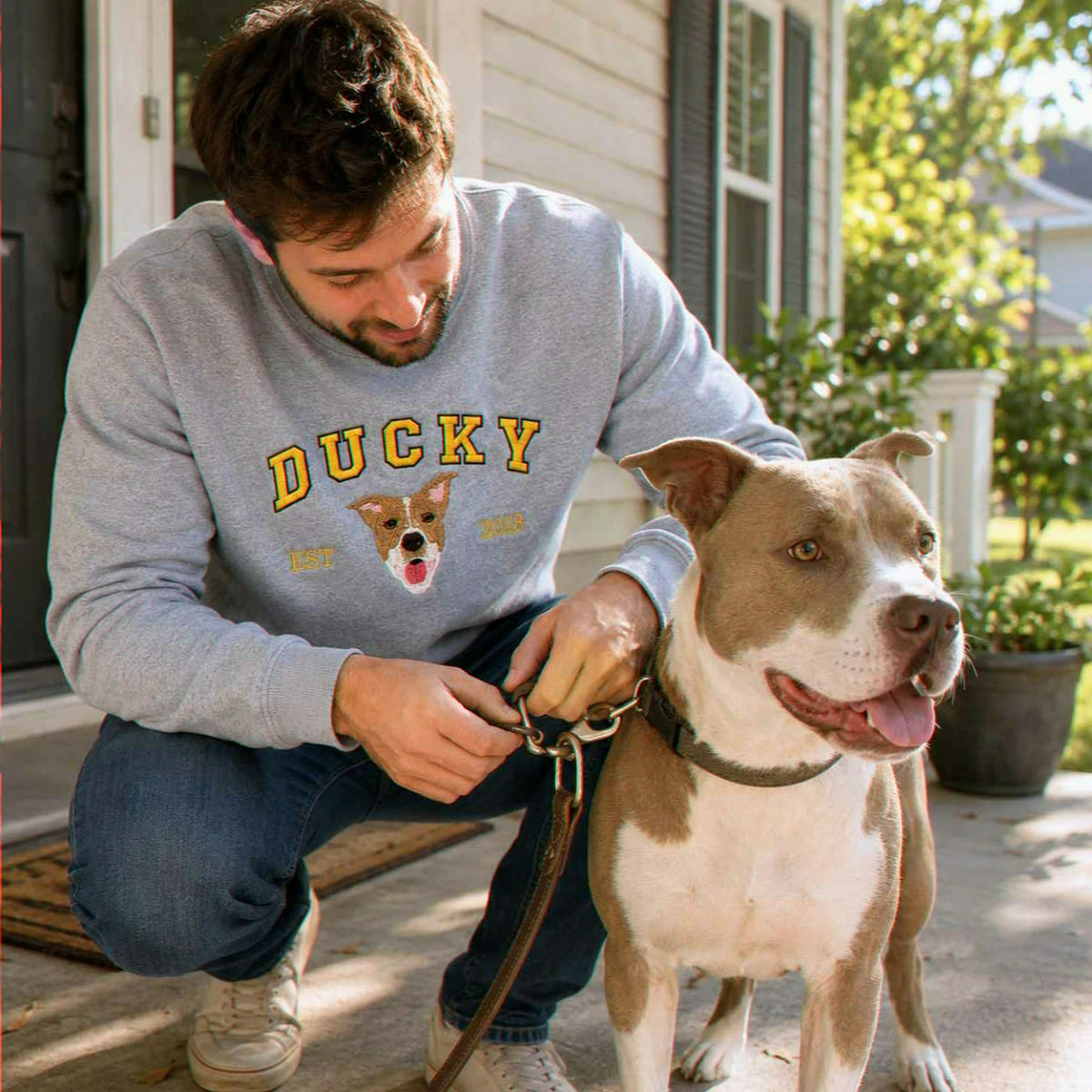 Custom New Dog Portrait Sweatshirt for Boyfriend - Embroidered Pet Photo Crewneck & Name - First Time Dog Dad Gift for Him