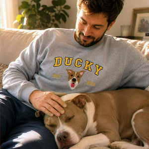 Custom New Dog Portrait Sweatshirt for Boyfriend - Embroidered Pet Photo Crewneck & Name - First Time Dog Dad Gift for Him