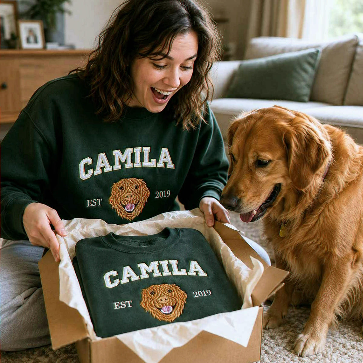 Custom New Dog Portrait Sweatshirt for Daughter - Embroidered Pet Photo Crewneck & Name - First Time Dog Mom Gift for Her