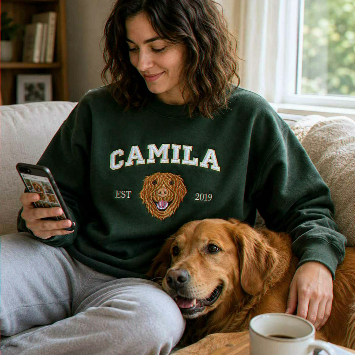 Custom New Dog Portrait Sweatshirt for Daughter - Embroidered Pet Photo Crewneck & Name - First Time Dog Mom Gift for Her