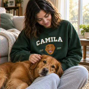 Custom New Dog Portrait Sweatshirt for Daughter - Embroidered Pet Photo Crewneck & Name - First Time Dog Mom Gift for Her