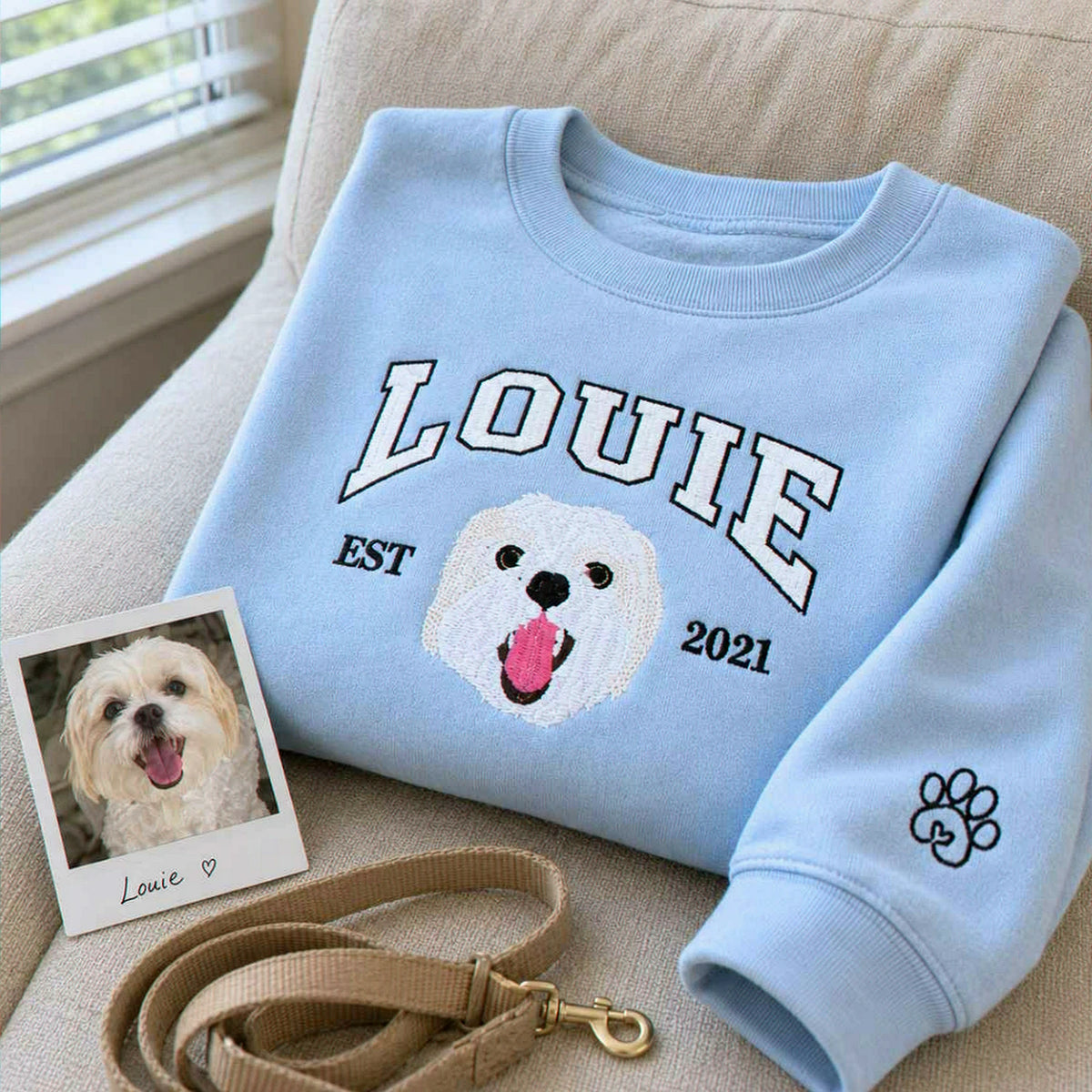 Custom New Dog Portrait Sweatshirt for Girlfriend - Embroidered Pet Photo Crewneck & Name - First Time Dog Mom Gift for Her