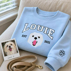 Custom New Dog Portrait Sweatshirt for Girlfriend - Embroidered Pet Photo Crewneck & Name - First Time Dog Mom Gift for Her