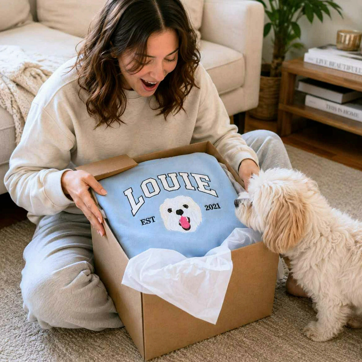 Custom New Dog Portrait Sweatshirt for Girlfriend - Embroidered Pet Photo Crewneck & Name - First Time Dog Mom Gift for Her