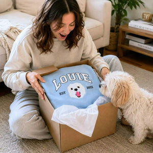 Custom New Dog Portrait Sweatshirt for Girlfriend - Embroidered Pet Photo Crewneck & Name - First Time Dog Mom Gift for Her