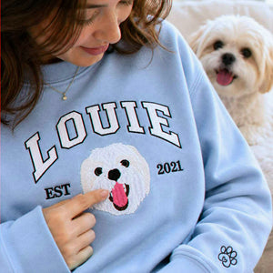 Custom New Dog Portrait Sweatshirt for Girlfriend - Embroidered Pet Photo Crewneck & Name - First Time Dog Mom Gift for Her