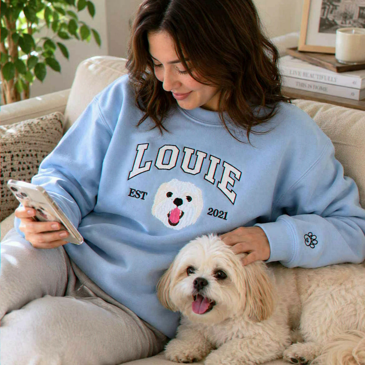 Custom New Dog Portrait Sweatshirt for Girlfriend - Embroidered Pet Photo Crewneck & Name - First Time Dog Mom Gift for Her