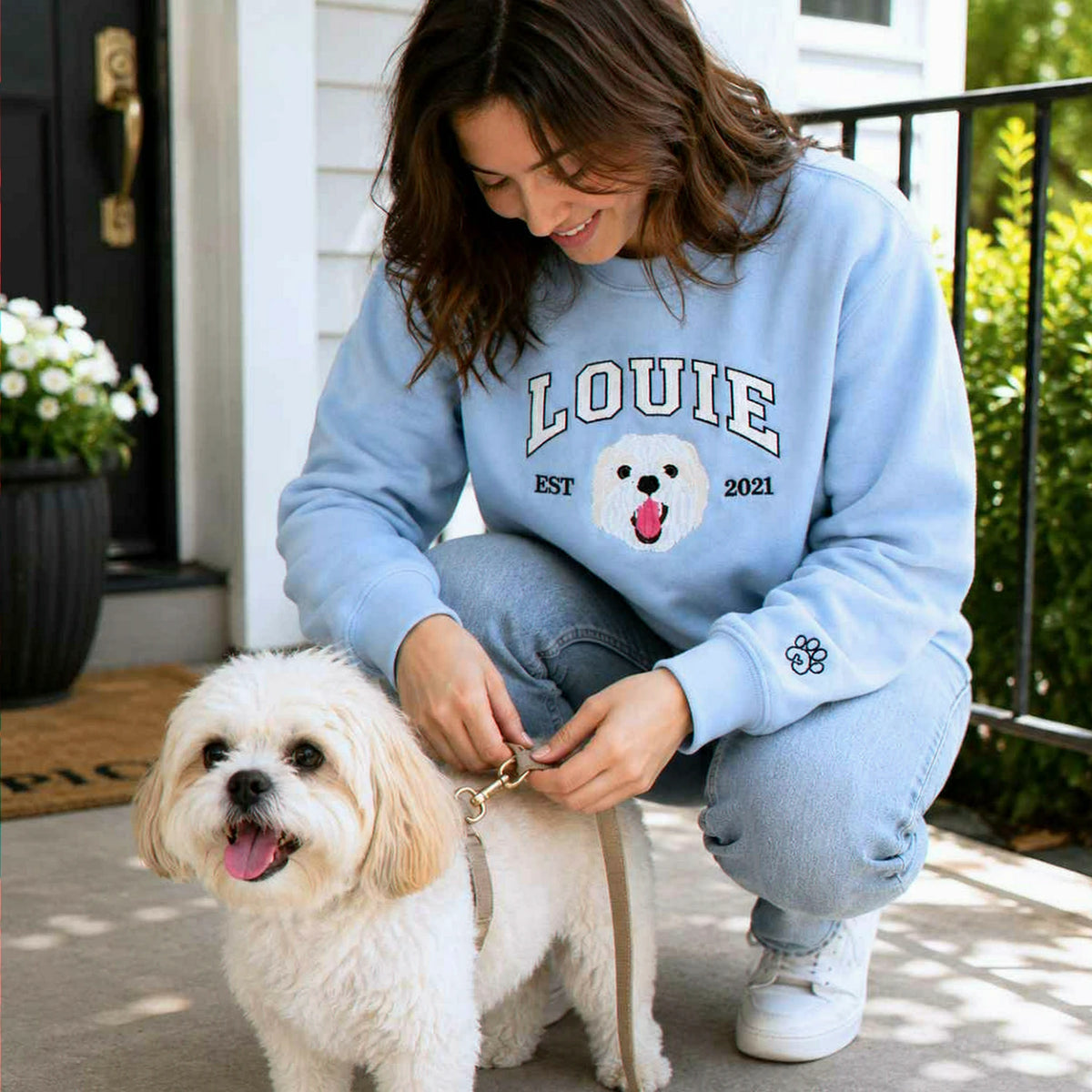 Custom New Dog Portrait Sweatshirt for Girlfriend - Embroidered Pet Photo Crewneck & Name - First Time Dog Mom Gift for Her
