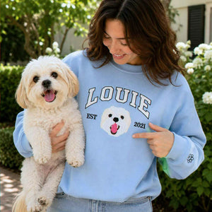 Custom New Dog Portrait Sweatshirt for Girlfriend - Embroidered Pet Photo Crewneck & Name - First Time Dog Mom Gift for Her