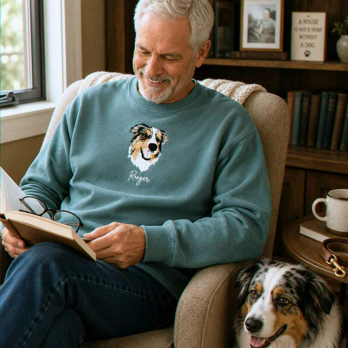 Custom New Dog Portrait Sweatshirt for Grandpa - Embroidered Pet Photo Outline Crewneck & Name - First Time Dog Grandpa Gift for Him