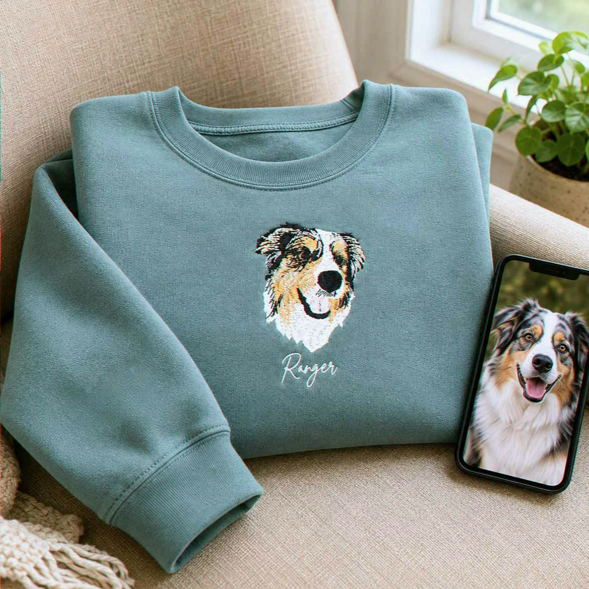 Custom New Dog Portrait Sweatshirt for Grandpa - Embroidered Pet Photo Outline Crewneck & Name - First Time Dog Grandpa Gift for Him