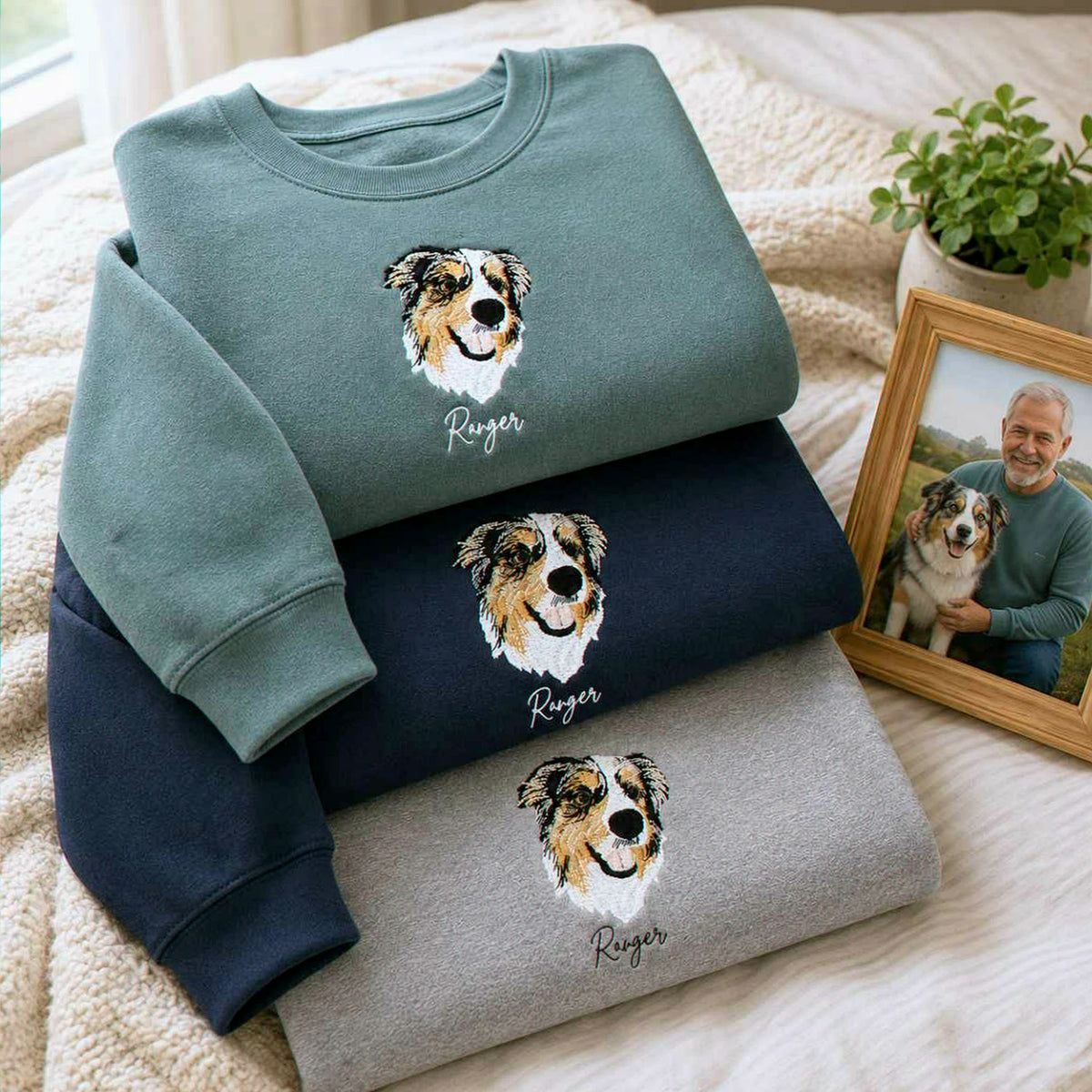 Custom New Dog Portrait Sweatshirt for Grandpa - Embroidered Pet Photo Outline Crewneck & Name - First Time Dog Grandpa Gift for Him