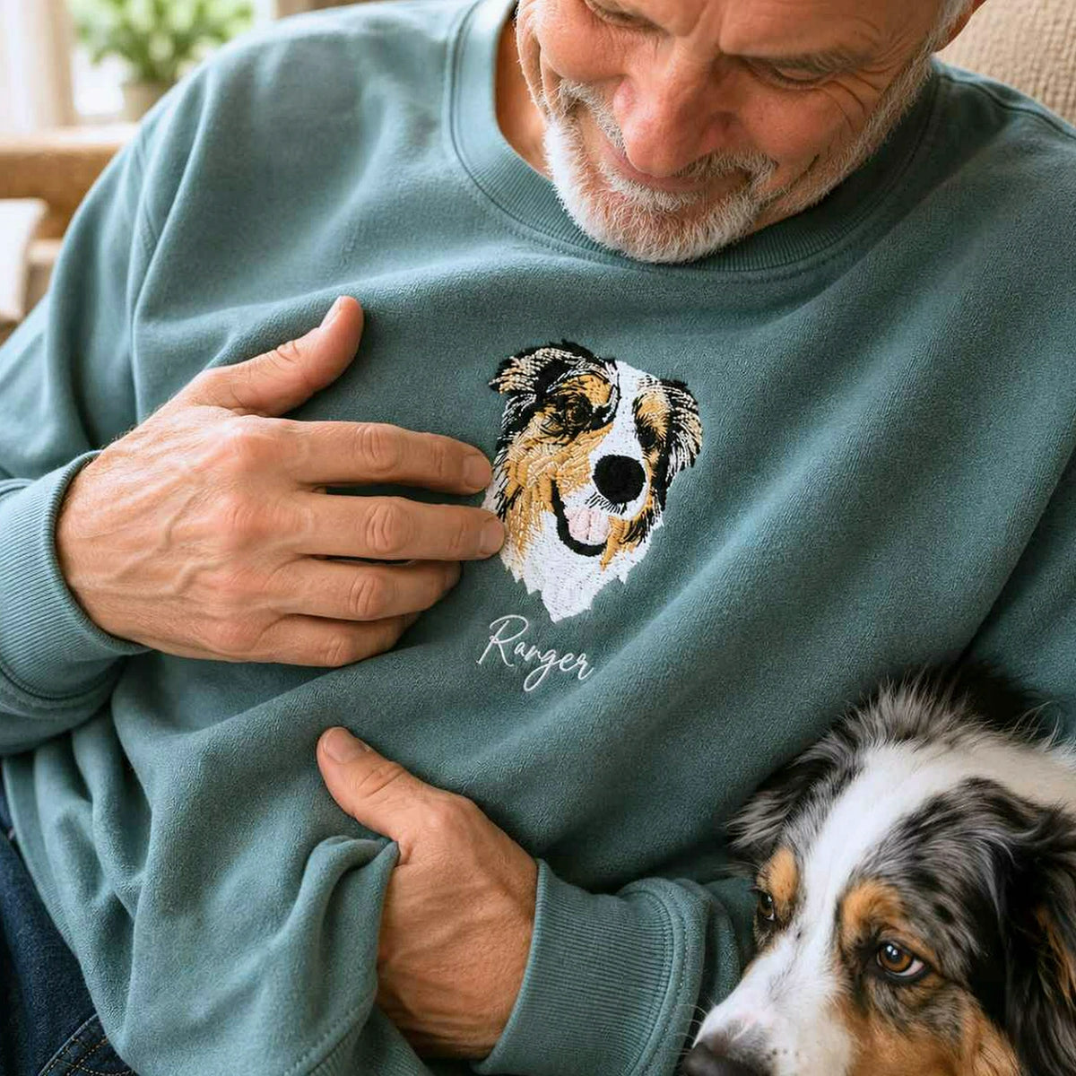 Custom New Dog Portrait Sweatshirt for Grandpa - Embroidered Pet Photo Outline Crewneck & Name - First Time Dog Grandpa Gift for Him