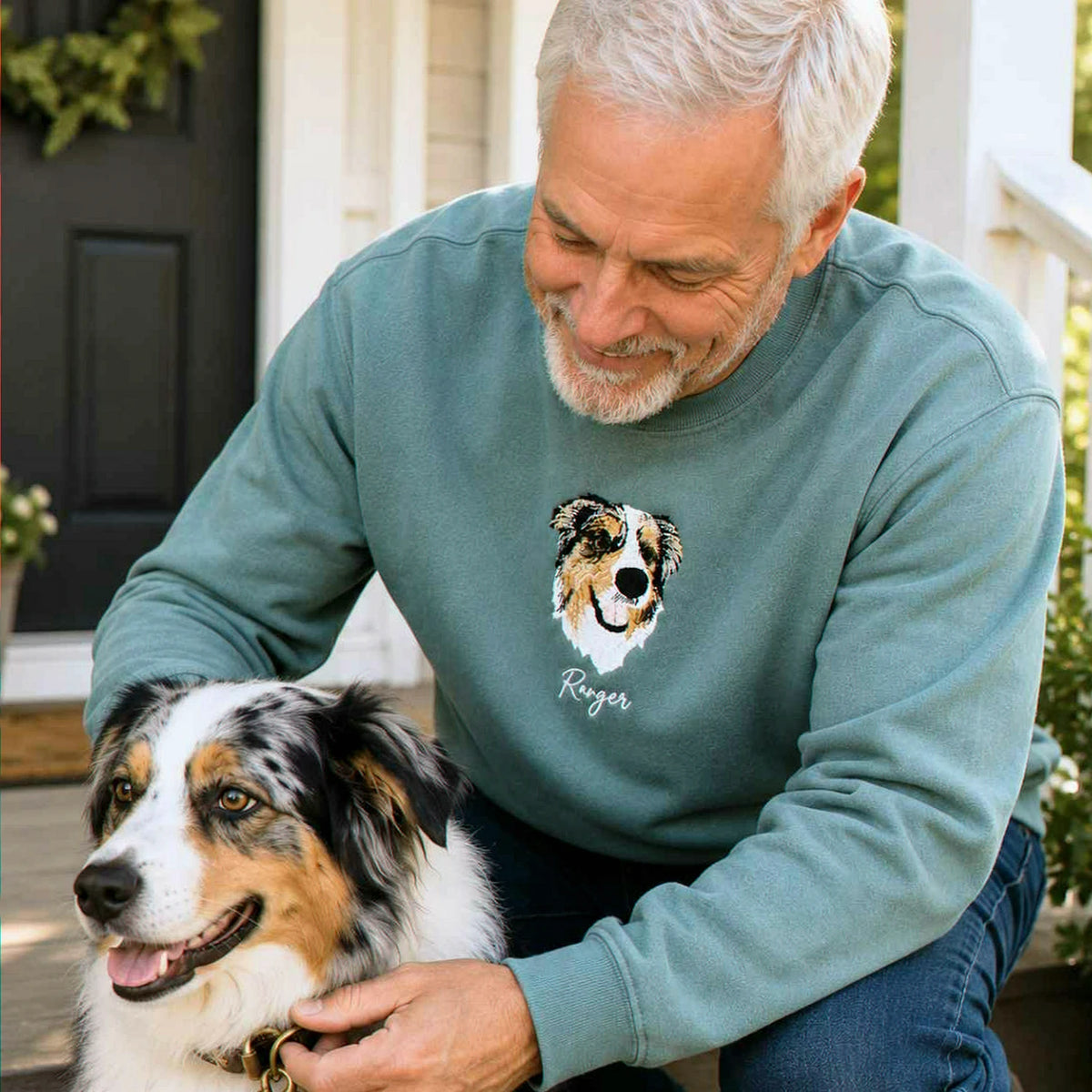 Custom New Dog Portrait Sweatshirt for Grandpa - Embroidered Pet Photo Outline Crewneck & Name - First Time Dog Grandpa Gift for Him