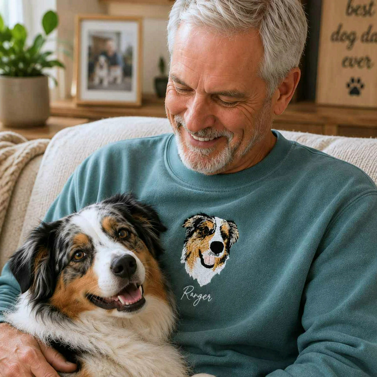 Custom New Dog Portrait Sweatshirt for Grandpa - Embroidered Pet Photo Outline Crewneck & Name - First Time Dog Grandpa Gift for Him