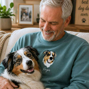 Custom New Dog Portrait Sweatshirt for Grandpa - Embroidered Pet Photo Outline Crewneck & Name - First Time Dog Grandpa Gift for Him
