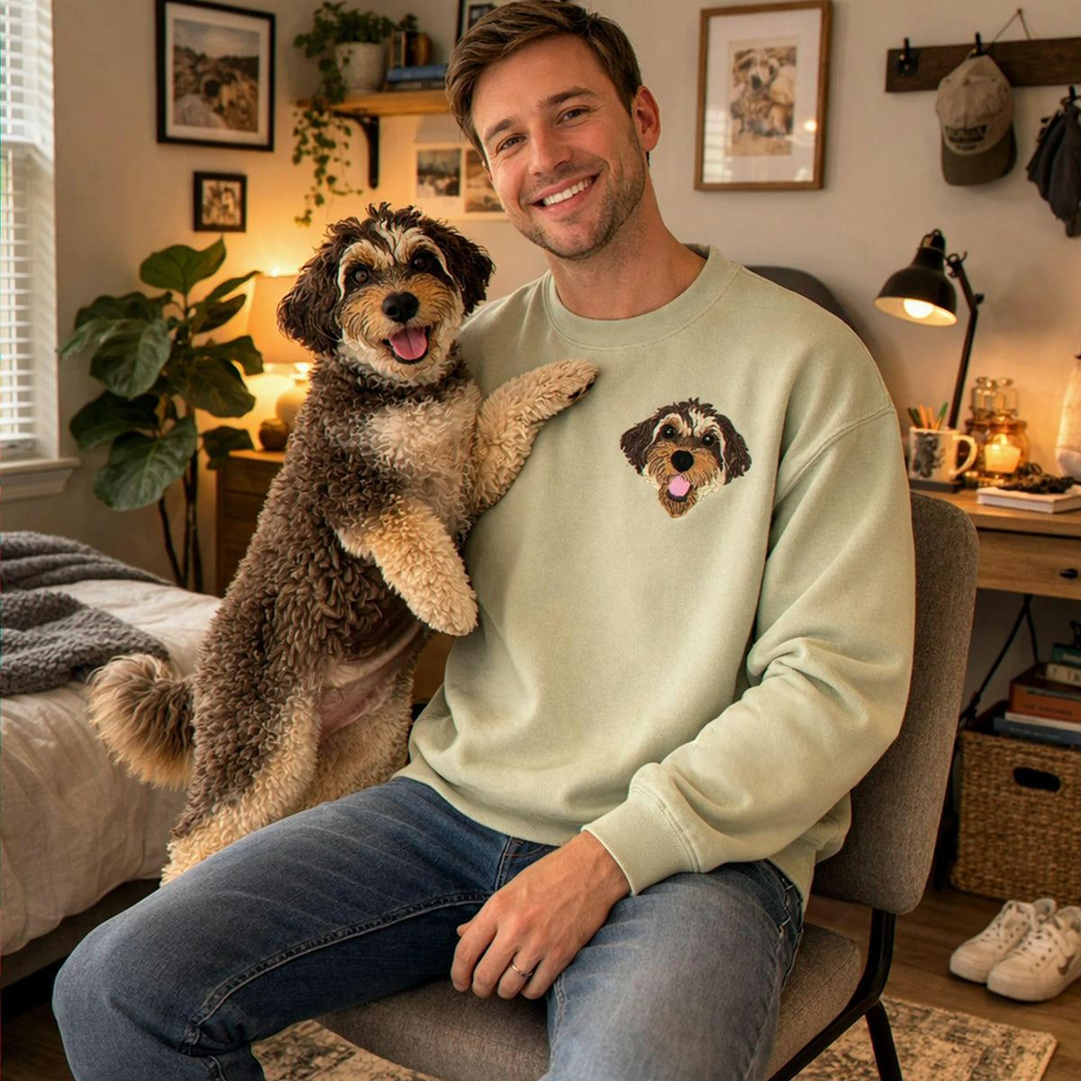 Custom New Dog Portrait Sweatshirt for Husband - Embroidered Pet Photo Crewneck & Name - First Time Dog Dad Gift for Him
