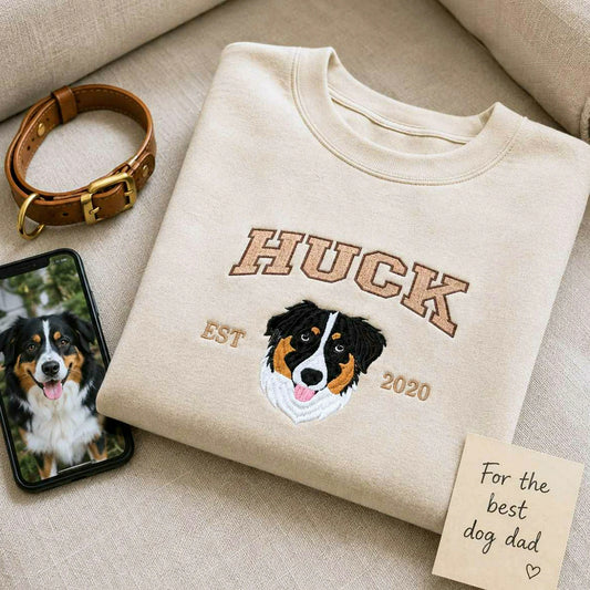 Custom New Dog Portrait Sweatshirt for Son - Embroidered Pet Photo Crewneck & Name - First Time Dog Dad Gift for Him