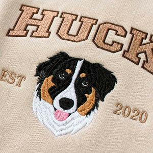 Custom New Dog Portrait Sweatshirt for Son - Embroidered Pet Photo Crewneck & Name - First Time Dog Dad Gift for Him