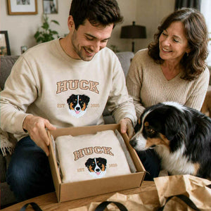 Custom New Dog Portrait Sweatshirt for Son - Embroidered Pet Photo Crewneck & Name - First Time Dog Dad Gift for Him