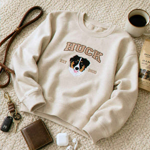 Custom New Dog Portrait Sweatshirt for Son - Embroidered Pet Photo Crewneck & Name - First Time Dog Dad Gift for Him