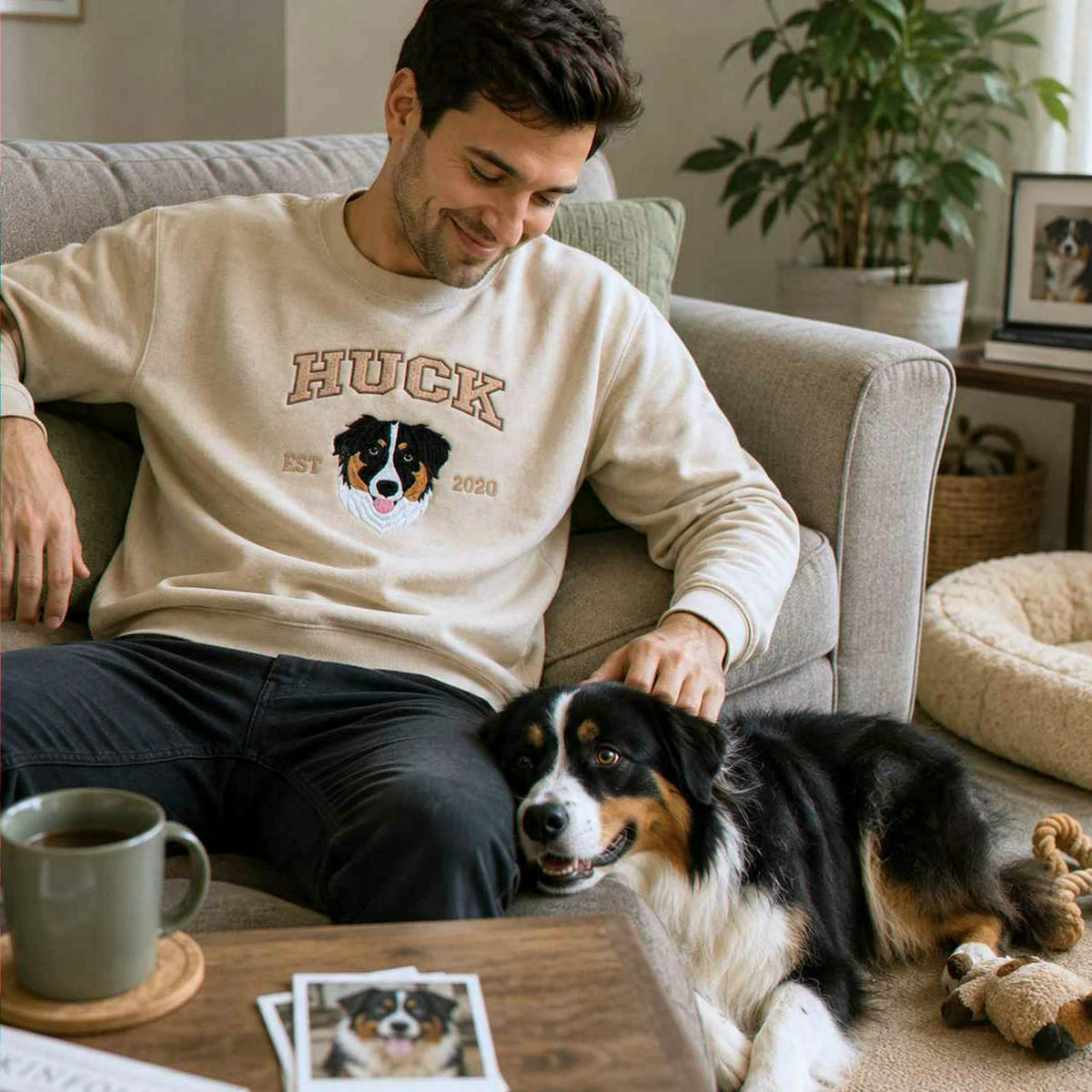 Custom New Dog Portrait Sweatshirt for Son - Embroidered Pet Photo Crewneck & Name - First Time Dog Dad Gift for Him
