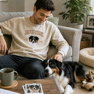 Custom New Dog Portrait Sweatshirt for Son - Embroidered Pet Photo Crewneck & Name - First Time Dog Dad Gift for Him