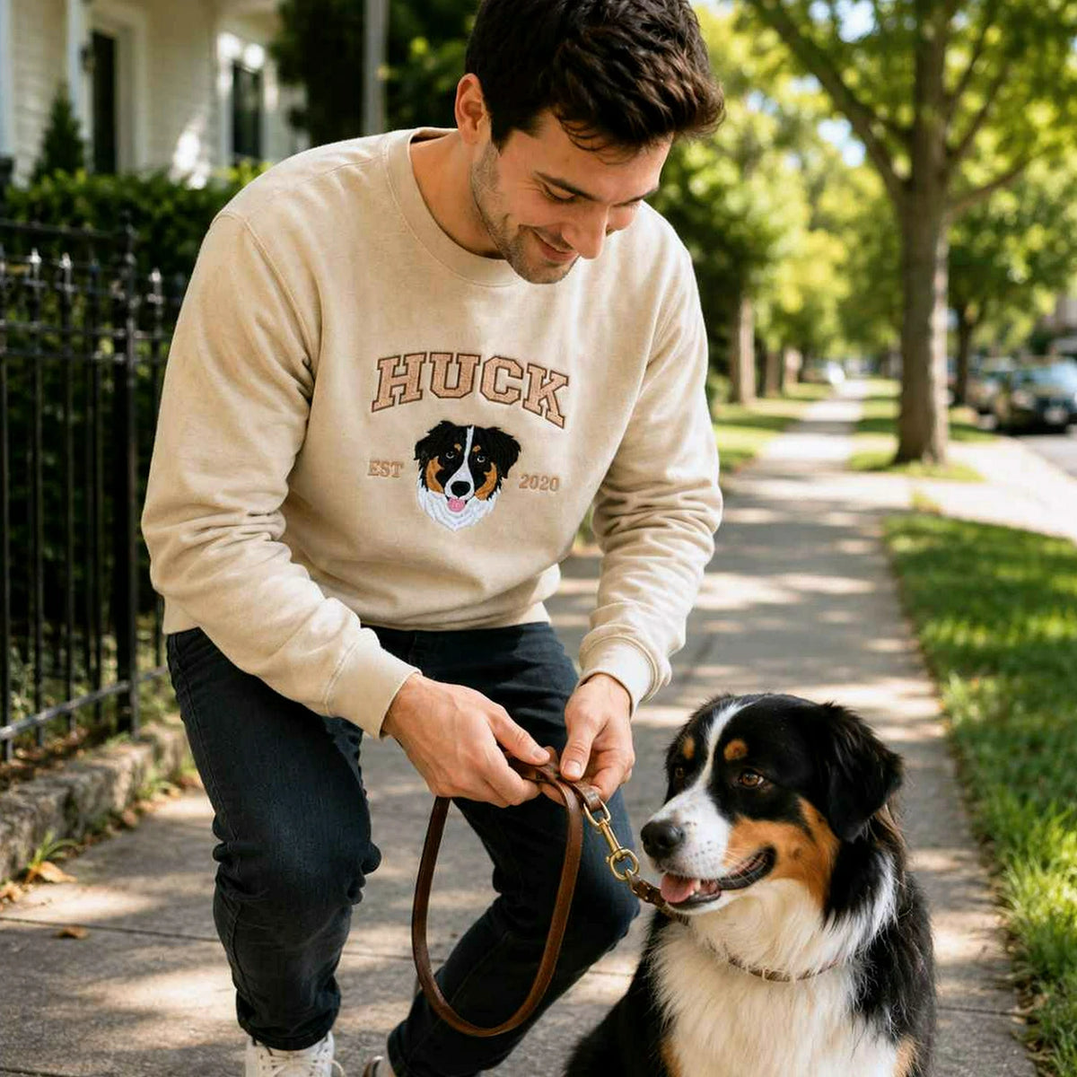 Custom New Dog Portrait Sweatshirt for Son - Embroidered Pet Photo Crewneck & Name - First Time Dog Dad Gift for Him