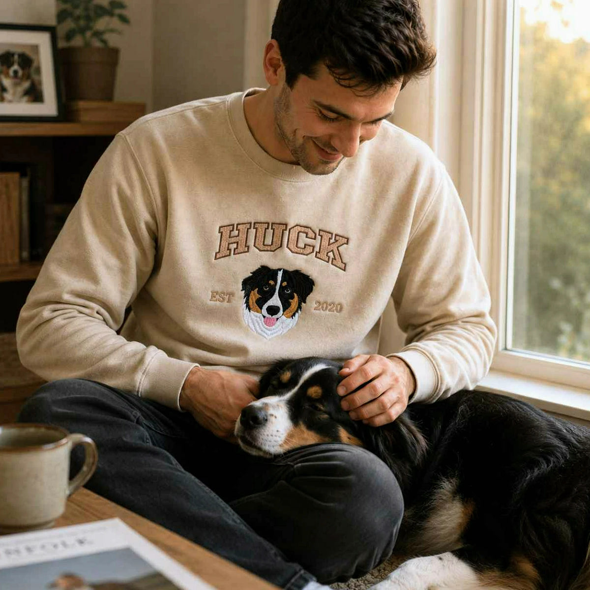Custom New Dog Portrait Sweatshirt for Son - Embroidered Pet Photo Crewneck & Name - First Time Dog Dad Gift for Him