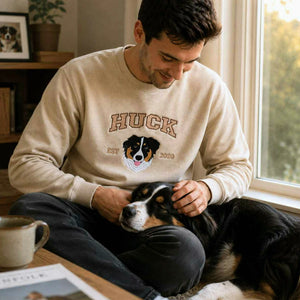 Custom New Dog Portrait Sweatshirt for Son - Embroidered Pet Photo Crewneck & Name - First Time Dog Dad Gift for Him