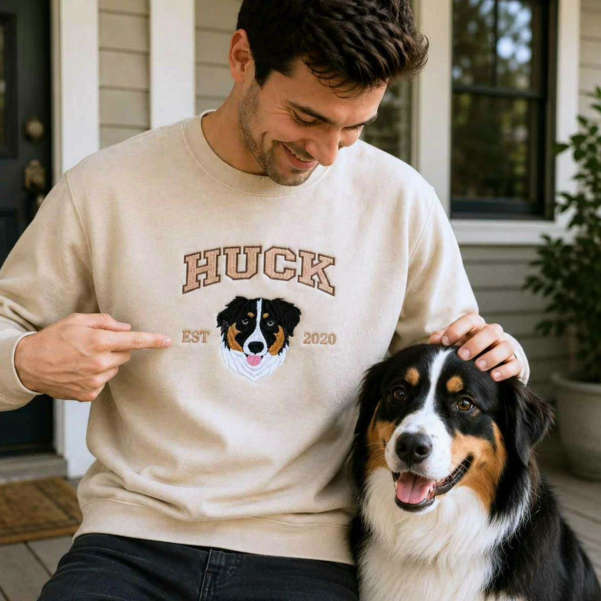 Custom New Dog Portrait Sweatshirt for Son - Embroidered Pet Photo Crewneck & Name - First Time Dog Dad Gift for Him