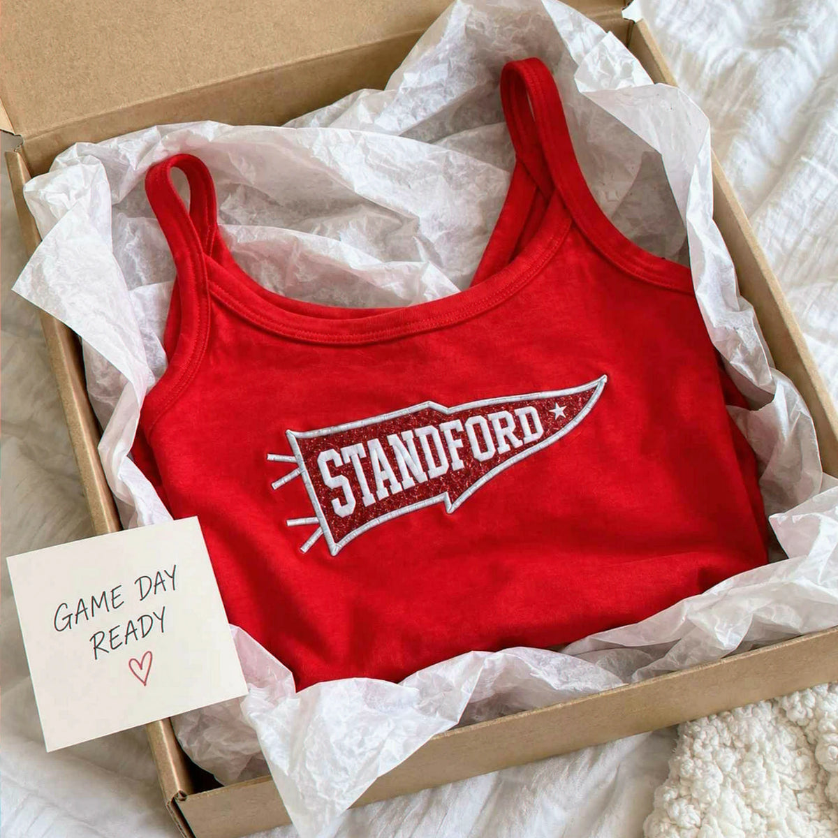 Custom College Pennant Glitter Tank Top, Embroidered School Spirit Game Day Cami, Applique Team Tailgate Shirt