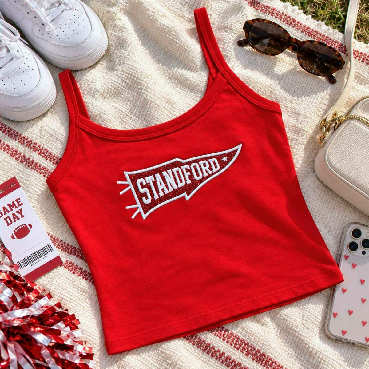 Custom College Pennant Glitter Tank Top, Embroidered School Spirit Game Day Cami, Applique Team Tailgate Shirt