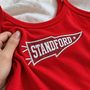 Custom College Pennant Glitter Tank Top, Embroidered School Spirit Game Day Cami, Applique Team Tailgate Shirt