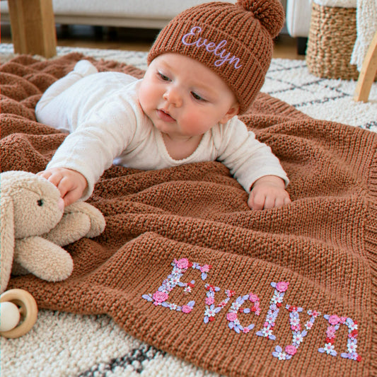 Custom Floral Baby Blanket, Embroidered First Birthday Baby Blanket with Name, Newborn Gift For Baby Girl