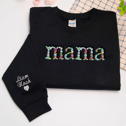 Black embroidered Mama sweatshirt with 'EST. 2024' and personalized sleeve names, perfect for moms.