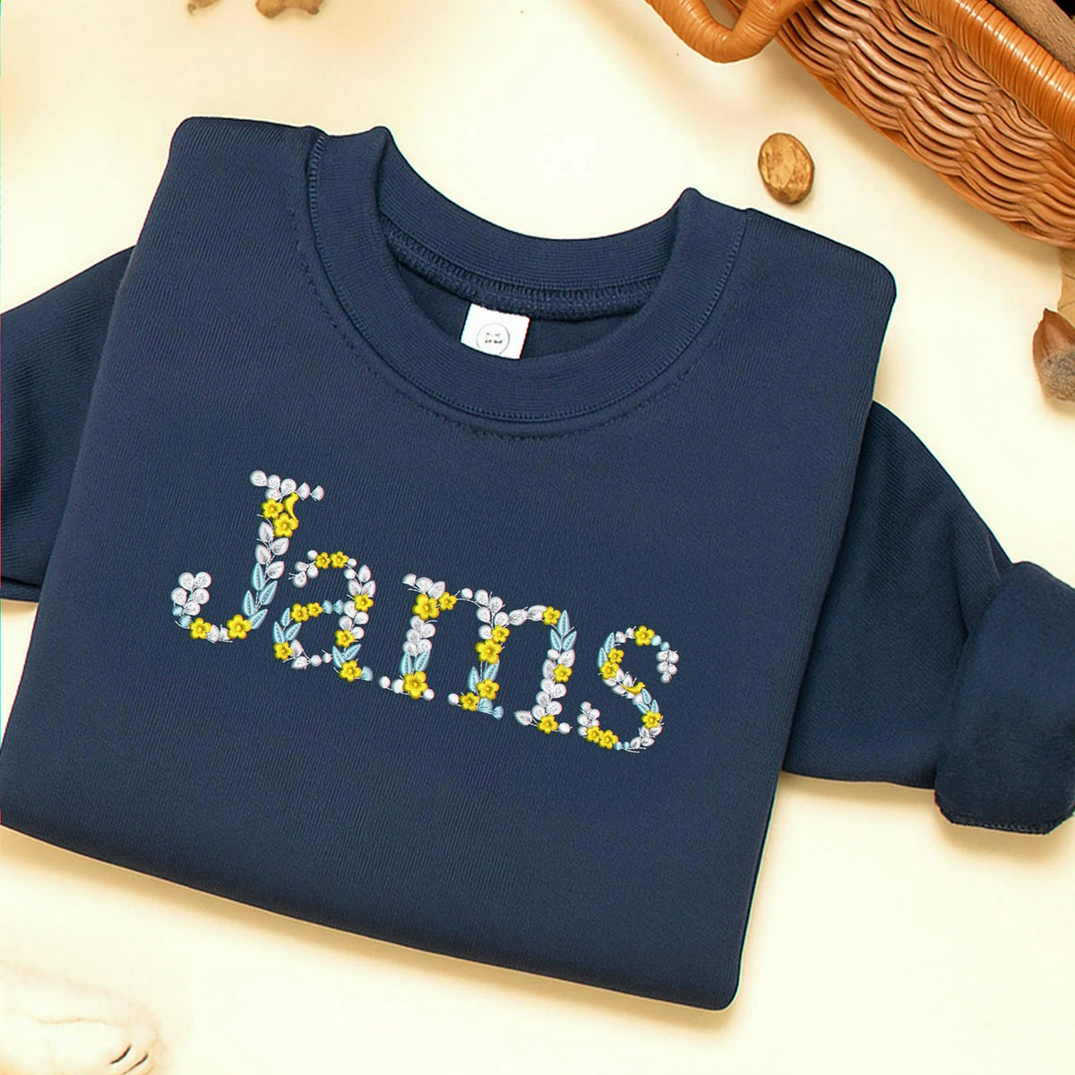 Embroidered Floral Name Toddler Sweatshirt for Baby Girls, Personalized Gift for Baby