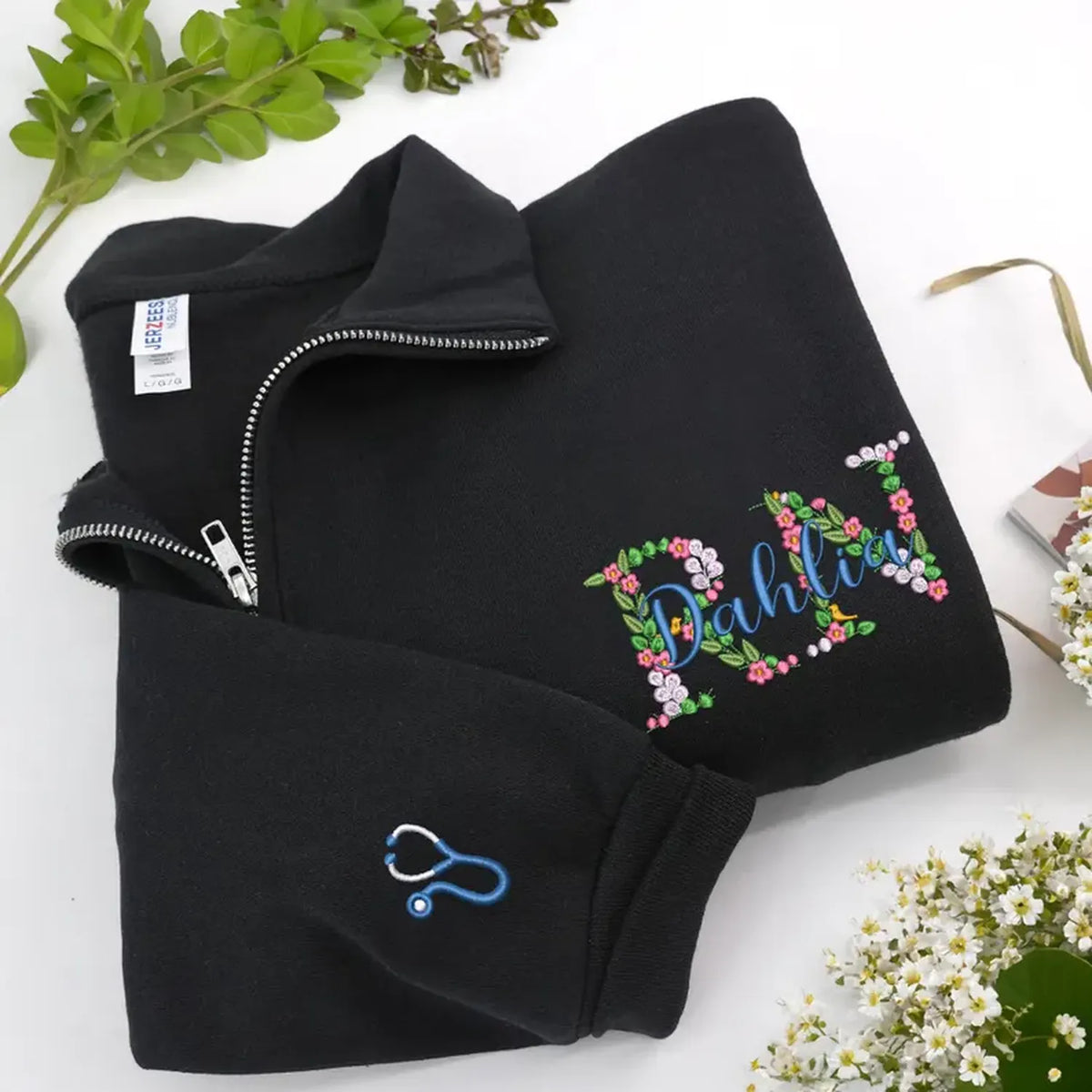 Personalized Floral RN Name Quarter Zip, Custom Embroidered Nurse Week, Birthday, Mother's Day Gift