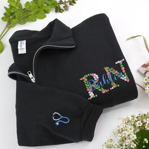 Personalized Floral RN Name Quarter Zip, Custom Embroidered Nurse Week, Birthday, Mother's Day Gift for Nurse
