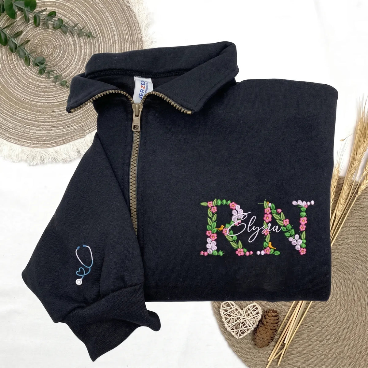 Personalized Floral RN Name Quarter Zip, Custom Embroidered Nurse Week, Birthday, Mother's Day Gift for Nurse