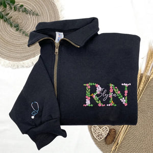Personalized Floral RN Name Quarter Zip, Custom Embroidered Nurse Week, Birthday, Mother's Day Gift for Nurse