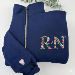 Personalized Floral RN Name Quarter Zip, Custom Embroidered Nurse Week, Birthday, Mother's Day Gift for Nurse