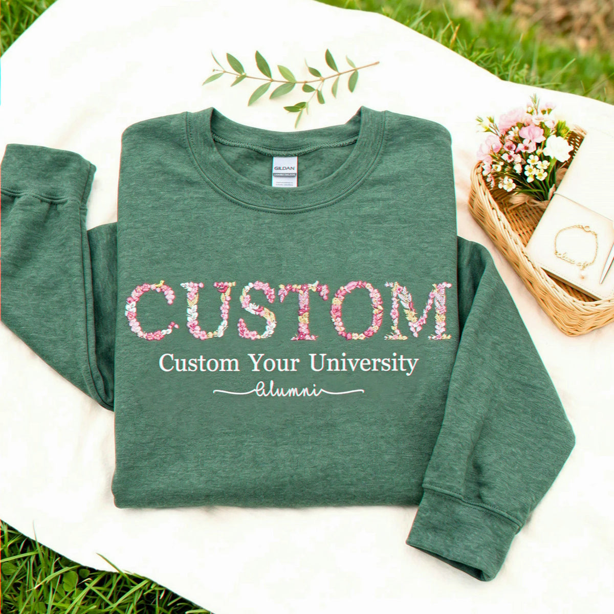 Custom Embroidered College University Sweatshirt, Floral School Name Gift