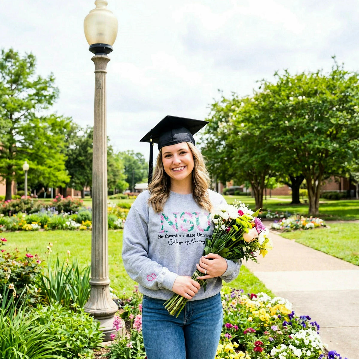 Custom Embroidered College University Sweatshirt, Floral School Name Gift