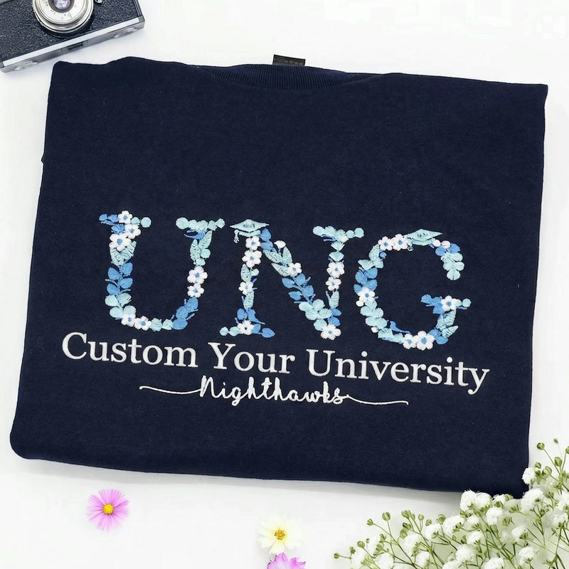 Custom Embroidered College University Sweatshirt, Floral School Name Gift