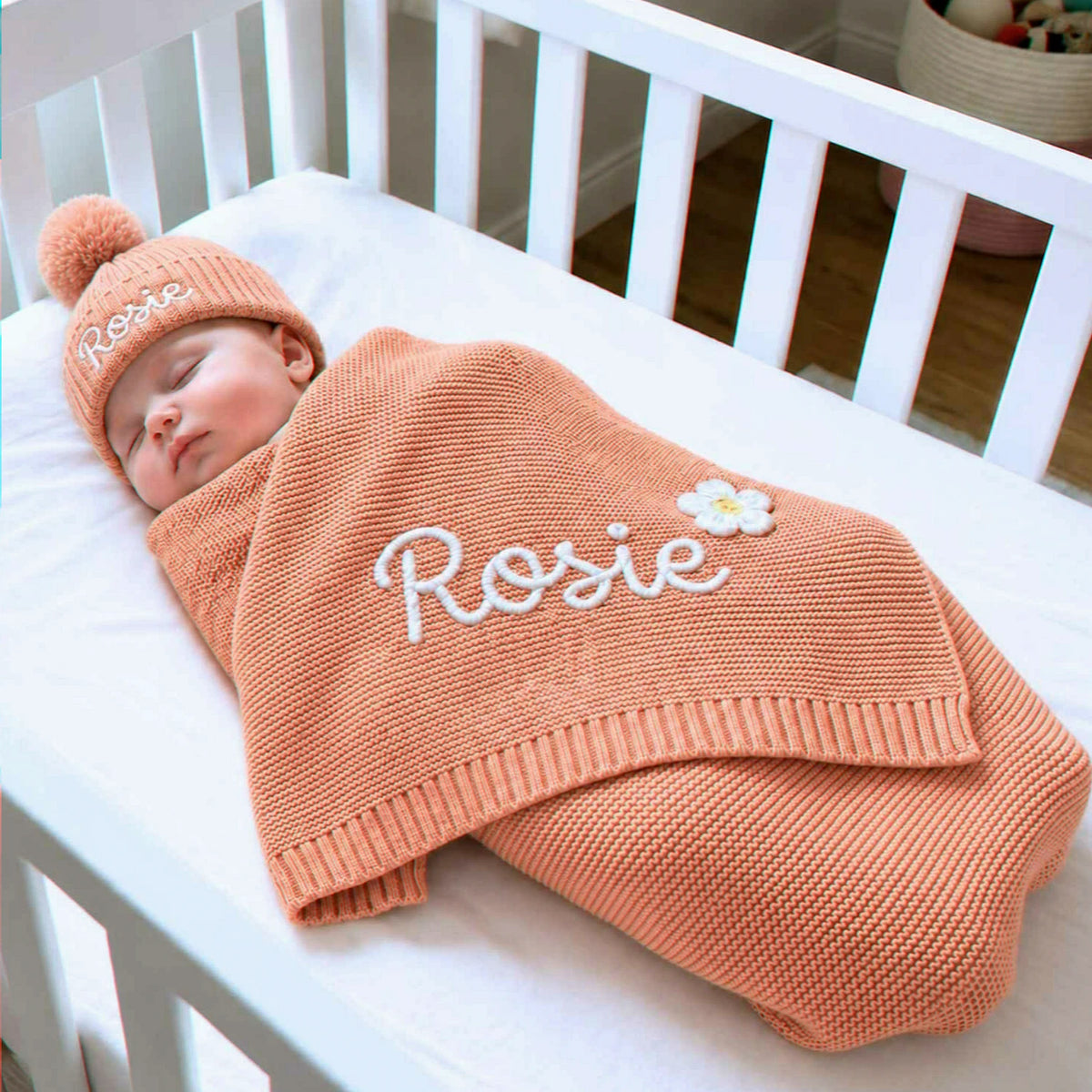 Personalized Knit Baby Blanket, Embroidered Cotton, Newborn Shower Gift, Grandma Gift for Baby Girl