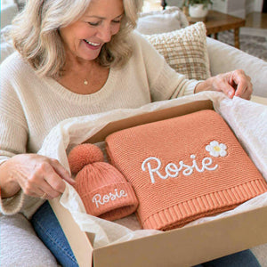 Personalized Knit Baby Blanket, Embroidered Cotton, Newborn Shower Gift, Grandma Gift for Baby Girl