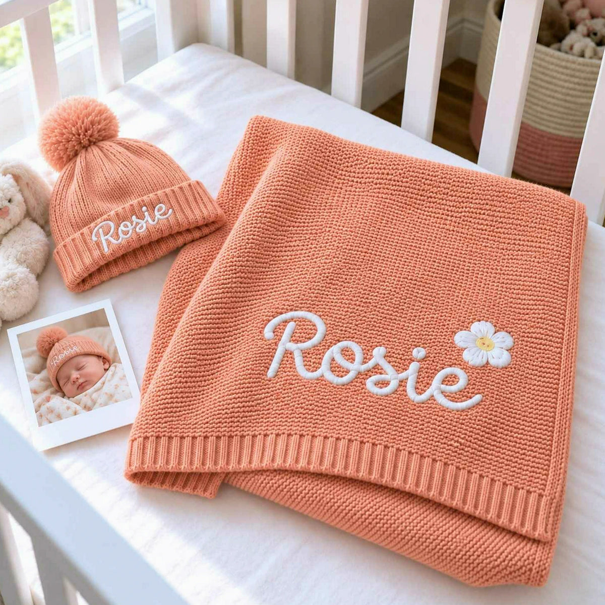 Personalized Knit Baby Blanket, Embroidered Cotton, Newborn Shower Gift, Grandma Gift for Baby Girl