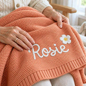 Personalized Knit Baby Blanket, Embroidered Cotton, Newborn Shower Gift, Grandma Gift for Baby Girl
