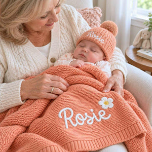 Personalized Knit Baby Blanket, Embroidered Cotton, Newborn Shower Gift, Grandma Gift for Baby Girl